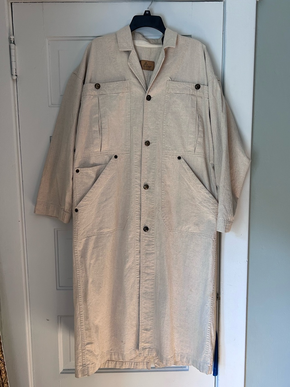 Vintage Lizwear Beige Cotton Linen Duster Workwear Maxi Trench Coat Sz M EUC!